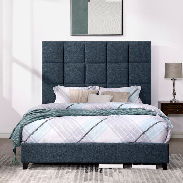 Upholstered Squares Panel Bed Navy